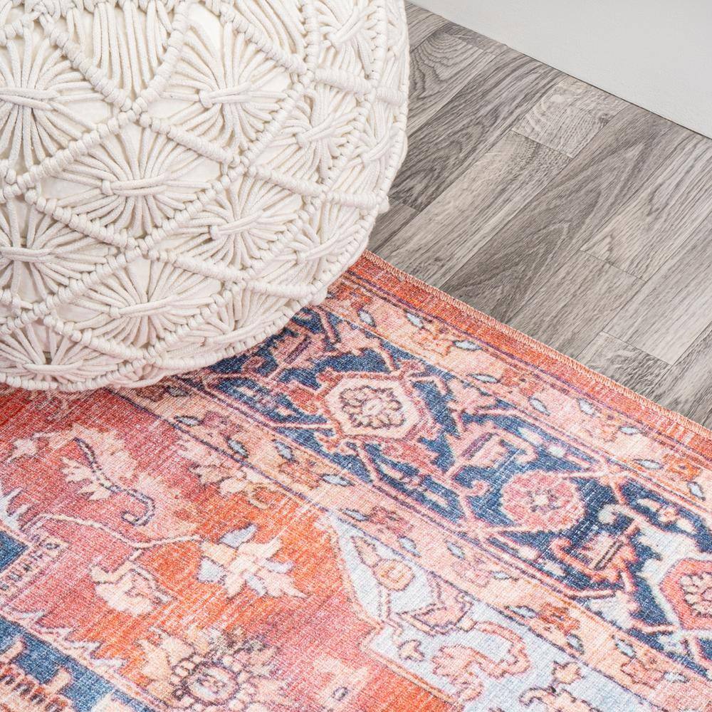 Maris Blue and Orange Medallion Washable Area Rug
