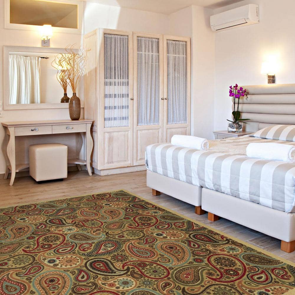 Paisley Design Beige and Red Non-Slip Washable Area Rug