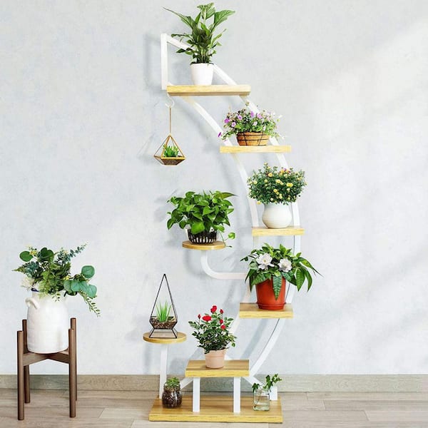 Unbranded 9-Potted Steel Wood Plant Rack with Hanger, Curved Planter Rack for Indoor and Outdoor (6-Tier)