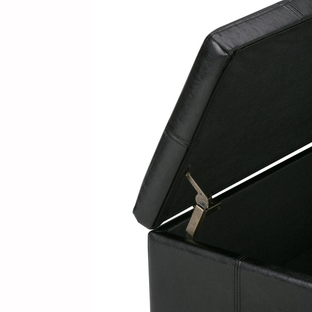 Midnight Black Bonded Leather Large Rectangular Storage Ottoman Bench