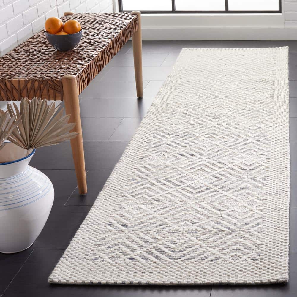 Ivory and Black Geometric Wool Runner Rug, 2'3" x 9'