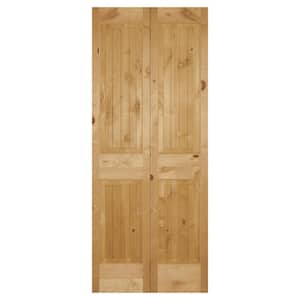 24 in. x 80 in. 2 Panel Plank Solid Core Unfinished Knotty Pine Wood Bifold Door