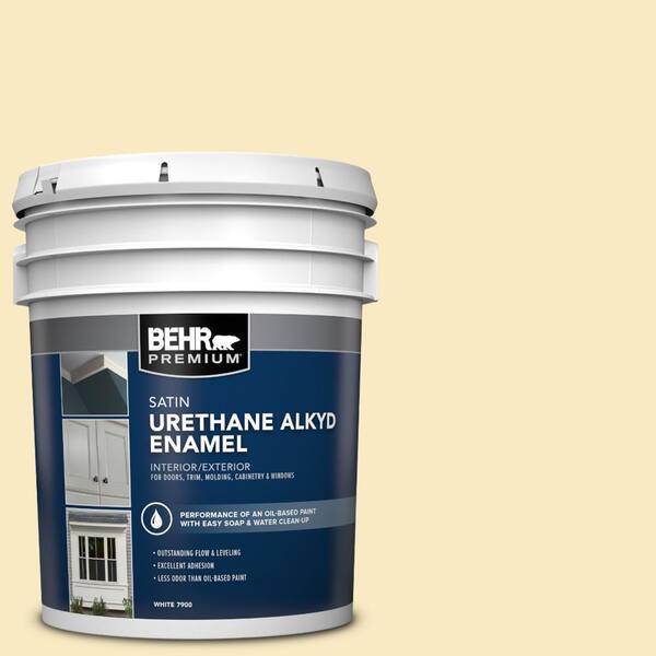 BEHR PREMIUM 5 gal. #340A-2 Rich Cream Urethane Alkyd Satin Enamel Interior/Exterior Paint