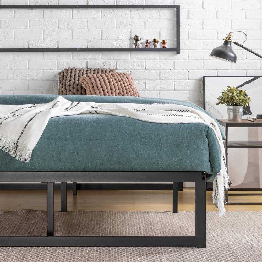 King Black Metal Frame Upholstered Platform Bed with Slats