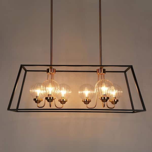 Modern 33 in. 6-Lights Brass Chandelier Lighting, Black Rectangle Pendant Lights for Kitchen Island with Round Glasses