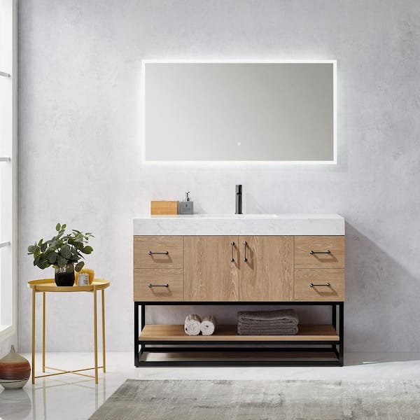 ROSWELL Alistair 48 in.W x 22 in. D x 33.9 in. H Bath Vanity in North Oak with White Grain Stone Vanity Top with Mirror