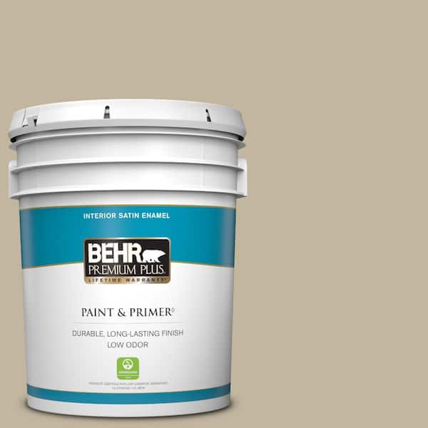 BEHR PREMIUM PLUS 5 gal. Home Decorators Collection #HDC-NT-09 Basic Khaki Satin Enamel Low Odor Interior Paint & Primer