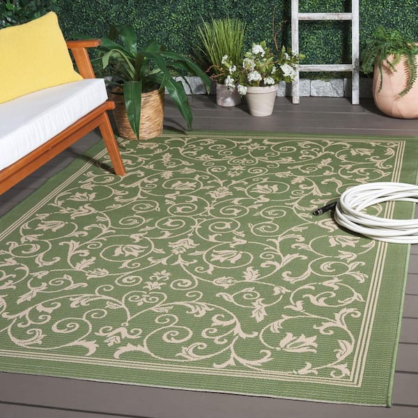 Courtyard Olive/Natural 4 ft. x 4 ft. Border Scroll Floral Indoor/Outdoor Square Area Rug