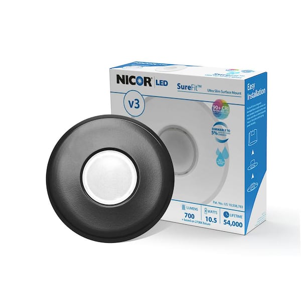 NICOR DLF SureFit(v3) 5 in. 10.1-Watt Round Black Integrated LED Recessed Light Trim, 3000K