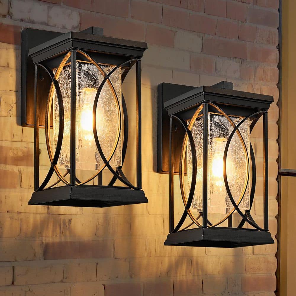 Matte Black Outdoor Hardwired Wall Lantern Sconces Industrial Outdoor Wall Light Fixture with Crackled Glass (2-Pack) price history on PriceWatchPro