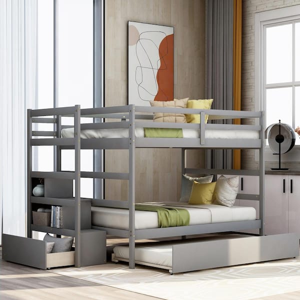 ANBAZAR Gray Full Over Full Stairway Bunk Bed with Trundle, Bunk Bed with Full Length Guardrail