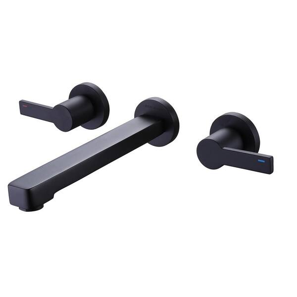 Unbranded Double Handle 3 Hole Wall Mounted Bathroom Faucet, 2.4 GPM Brass Basin Mixer Tap in Matte Black (Valve Included)