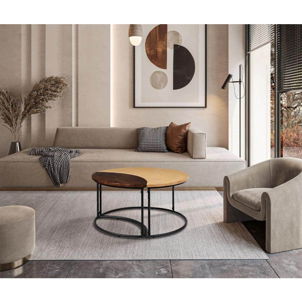 64.5 in. Walnut, Brown and Black Round Wood Coffee Table with Metal Frame