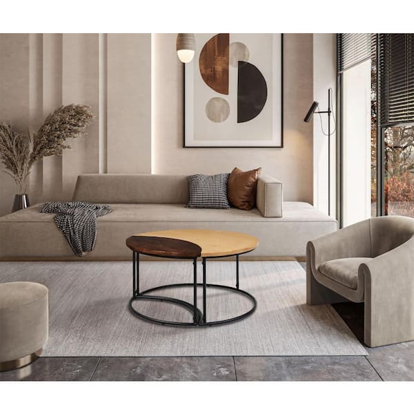 THE URBAN PORT 64.5 in. Walnut, Brown and Black Round Wood Coffee Table with Metal Frame
