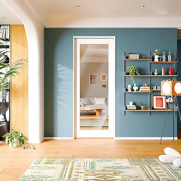 32 in. x 80 in. Right-Handed 1-Lite Mirror Glass Solid Core White MDF Wood Prehung Interior Door Jamb Hardware Kit