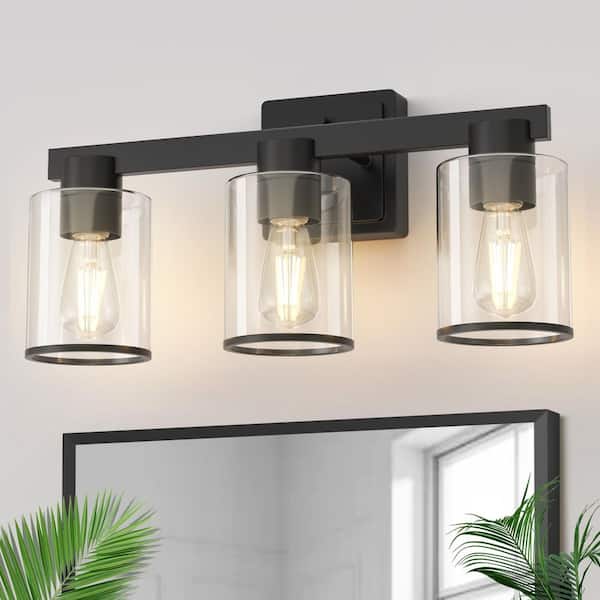 18 in. Industrial 3-Light Matte Black Farmhouse Bathroom Vanity Light with Clear Glass Shades