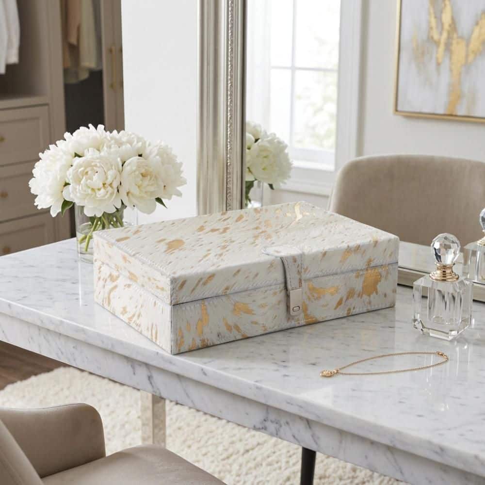 Tan 7 in. x 3 in. Leather Gold-Flecked Rectangular Decorative Box