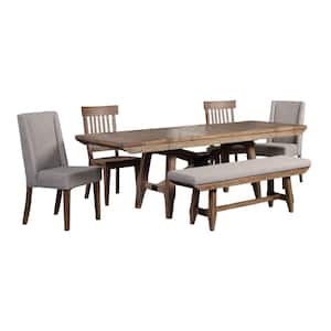 Riverdale Brown Wood 72 in. Rectangle Dining Set 6-Piece with 2 Side and 2 Upholstered Chairs, 1 Bench and 2 Leaves