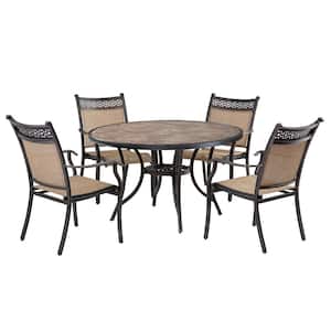 5-Piece Aluminum Outdoor Dining Set with Pattern Sling Arm Chairs and Ceramic Tile Top Accent Table