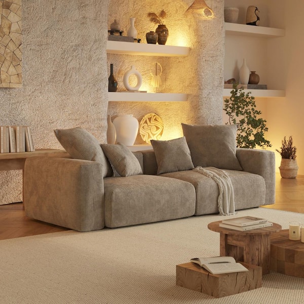 Modern 102 in. Square Arm Corduroy Modular Oversized Floor Loveseat Sofa with Pillows and Removable Covers in Brown