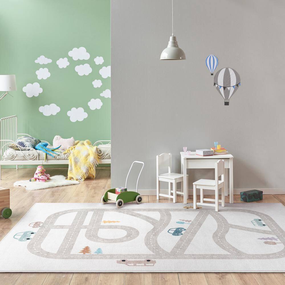 Gray Chenille Kids Playmat Road Traffic 5' x 7' Rug