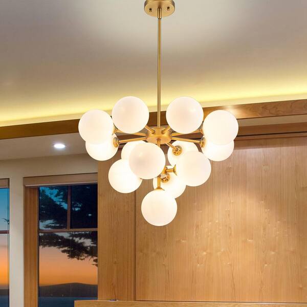C Cattleya 13-Light Brushed Gold Chandelier with Opal Glass Shade with Bulb Included