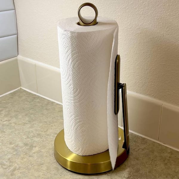 Gold Stainless Steel Standing Paper Towel Holder with Tension Arm, 1-Hand Tear Countertop Dispenser for Kitchen