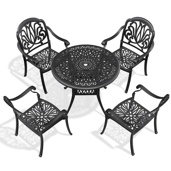 Cesicia 5-Piece Cast Aluminum Outdoor Bistro Set Patio Table Set with Random Colors Cushion and Umbrella Hole in Black