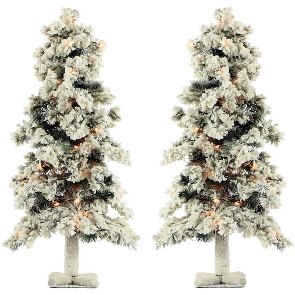Fraser Hill Farm 2 ft. Pre-lit Snowy Alpine Artificial Christmas Trees with Clear Lights (Set of 2)