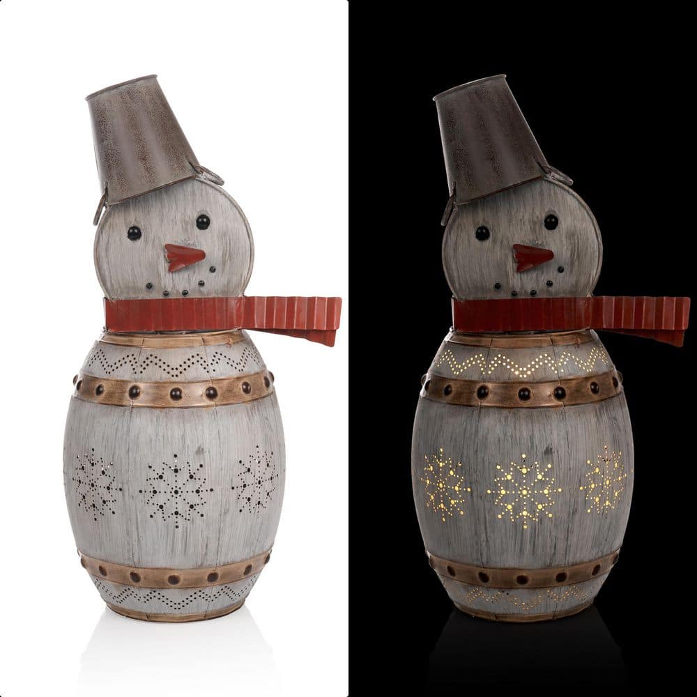 Alpine Corporation 16  x 13  x 30  Light-Up Metal Barrel Snowman Holiday Décor  Gray