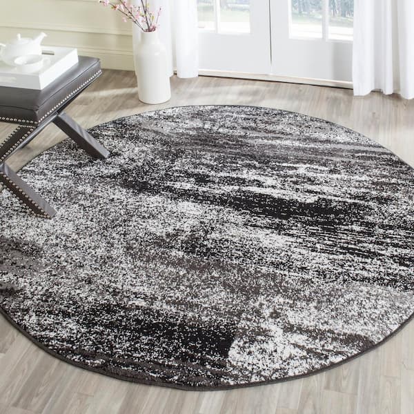 Adirondack 5 ft. x 5 ft. Silver/Black Solid Color Distressed Round Area Rug