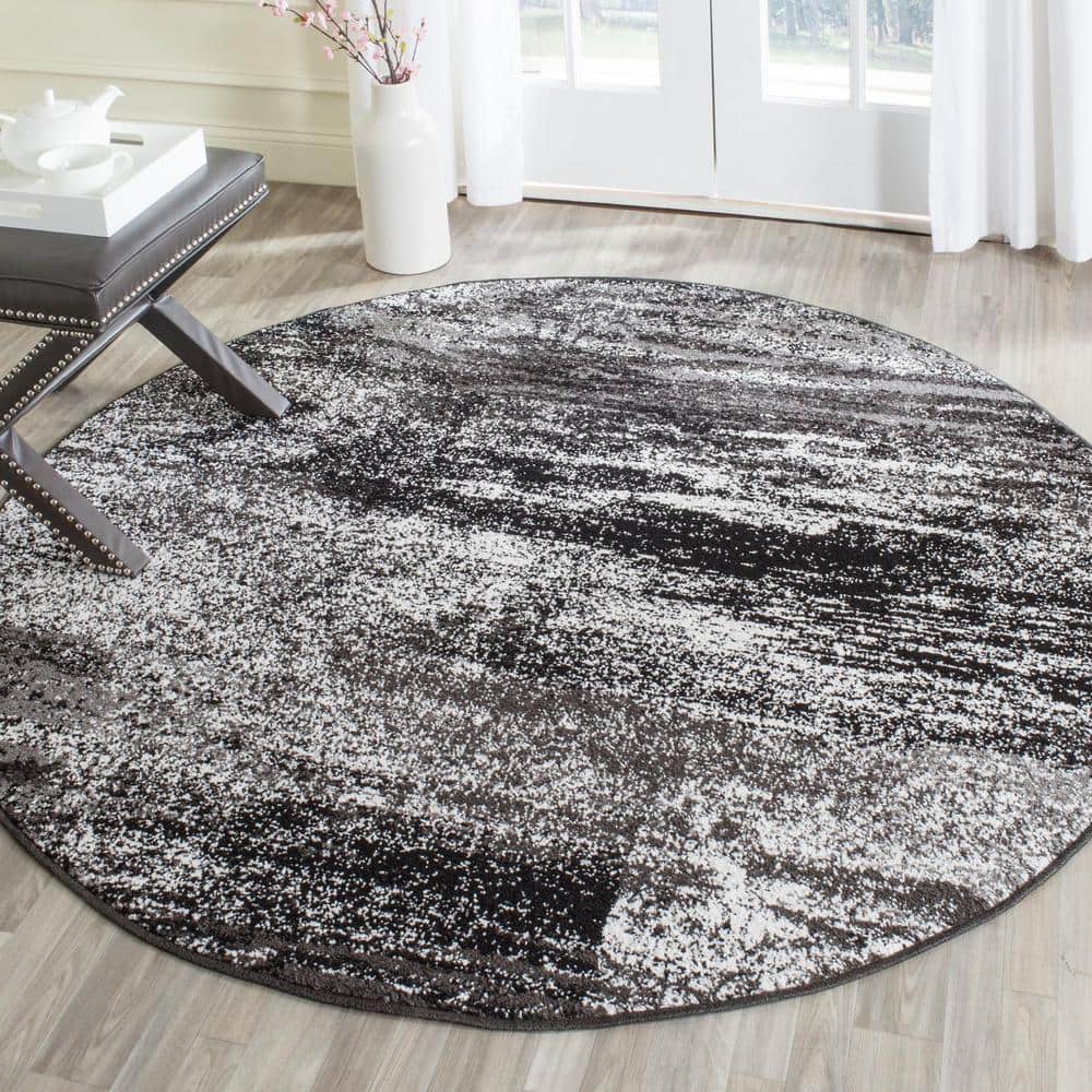 Modern Abstract Silver & Black Round Synthetic Area Rug, 9' Diameter