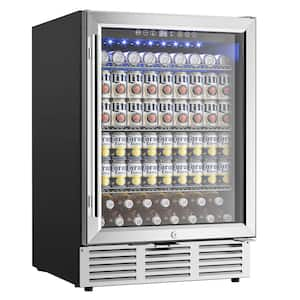 24 in. Single Zone 180-Cans Undercounter Freestanding/Built-in Beverage and Wine Cooler in Black, Visible Glass Door