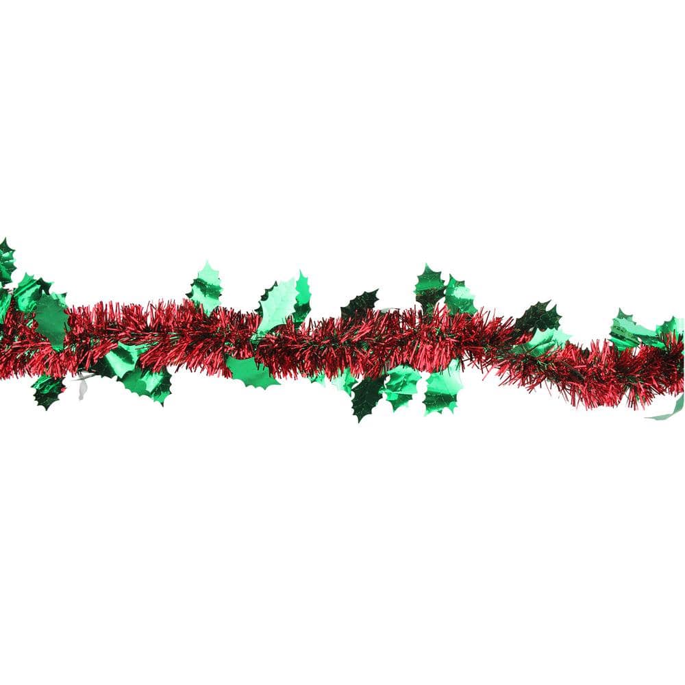 50' Red and Green Tinsel Christmas Garland with Holly