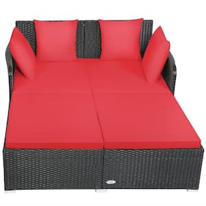 HF 1-Piece Black Steel Frame Wicker Rattan Outdoor Day Bed with Red Cushions and 4 Pillows