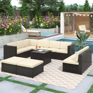 9-Piece Wicker Patio Conversation Sectional Seating Set with Beige Cushions and Ottoman