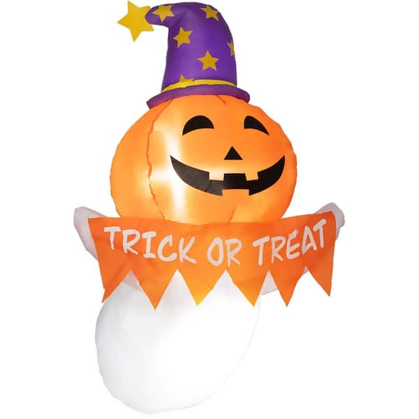3.5 ft Inflatable Halloween Decoration, Window Sticker Ghost with Orange Face, Blow Up Outdoor LED Yard Display