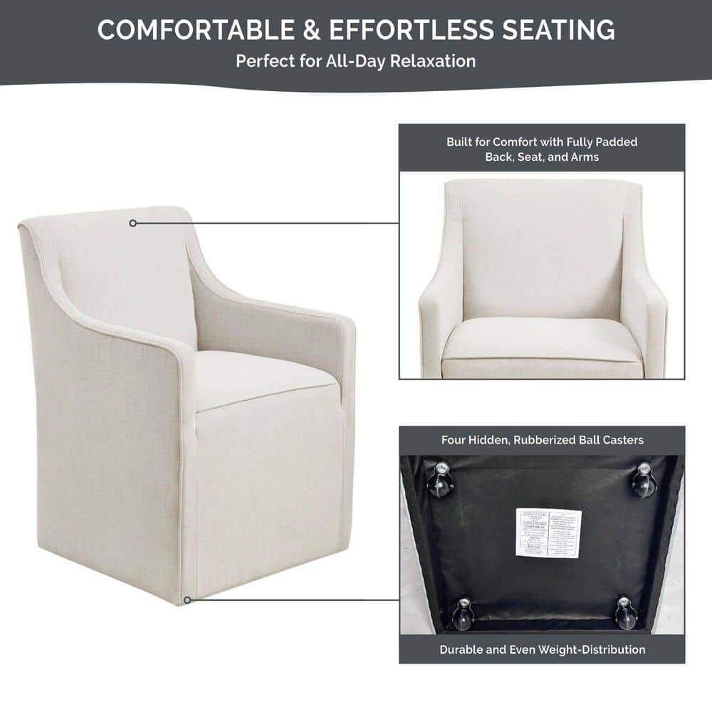 Cream Upholstered High Back Dining Arm Chair with Casters