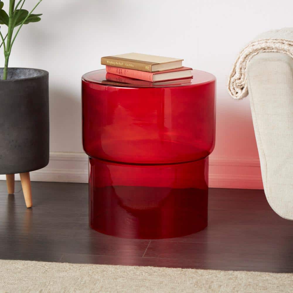 Litton Lane 16 in. Red Modern Medium Round Glass End Table 044696 The