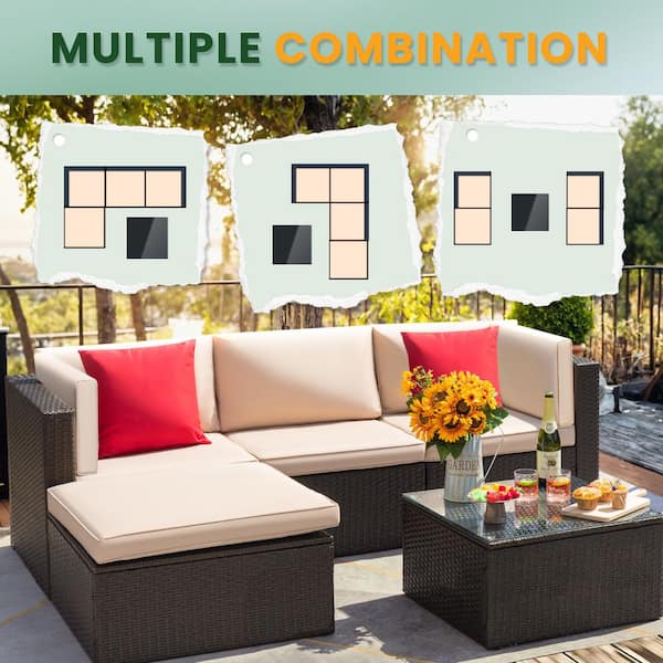 5-Pieces Wicker Patio Conversation Set Outdoor Rattan Sofa with Glass Coffee Table and Beige Cushions