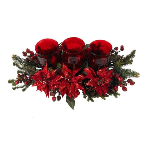 30 in. Artificial Poinsettia and Berry Triple Candleabrum