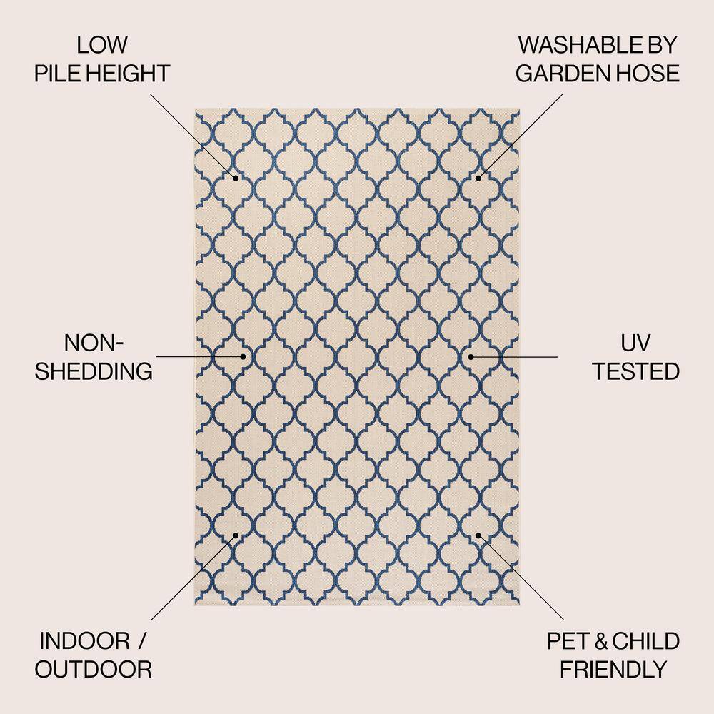 Beige and Navy Synthetic Trellis 4' x 6' Reversible Rug