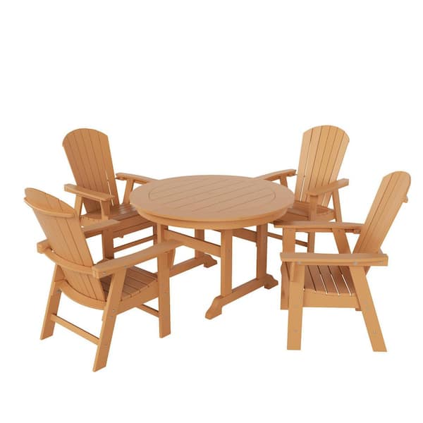 Altura Outdoor Patio Weather Resistant Teak 5-Piece HDPE Plastic Round Table Dining Set