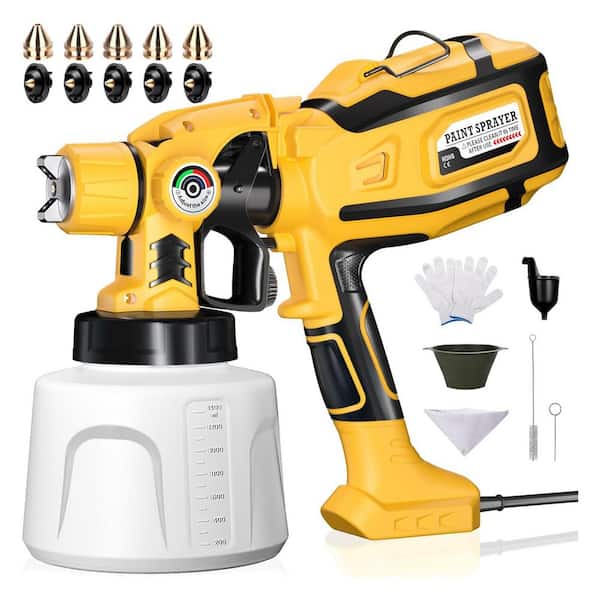 1200W HVLP Paint Sprayer with 1.4L Container, 5 Nozzles, 3 Spray Patterns, Adjustable Flow, Easy Cleaning, Yellow