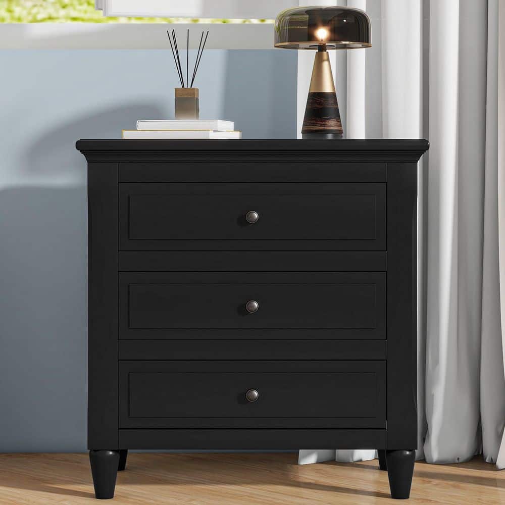 Lesly Modern Series Black 3-Drawer 28 in. W Nightstand Simple