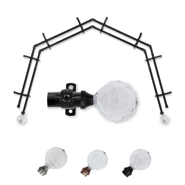 EMOH 13/16" Dia Adjustable 4-Sided Double Bay Window Curtain Rod 28 to 48" (each side) with Leticia Finials in Black