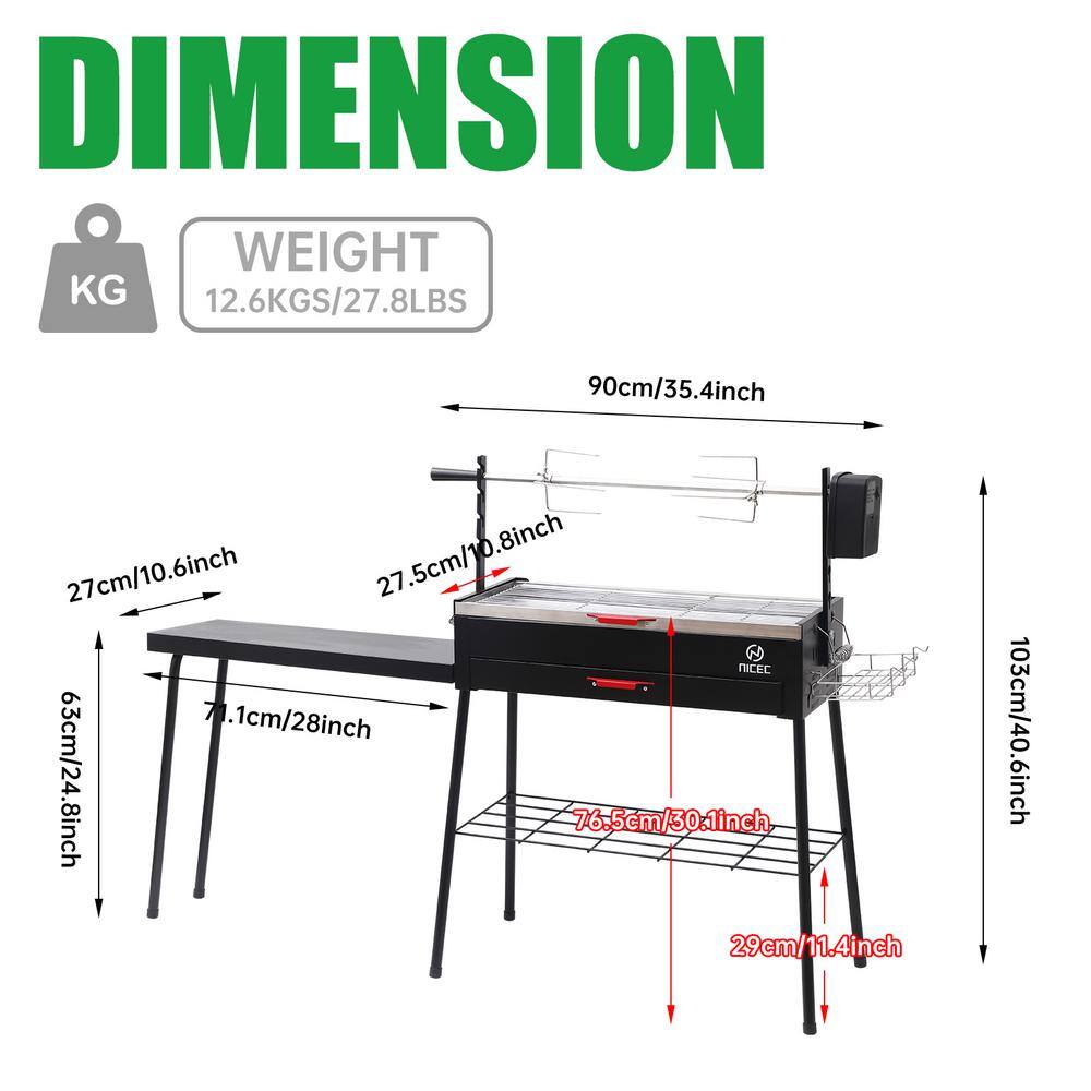 Portable Black Stainless Steel Rotisserie Charcoal Grill with Side Table