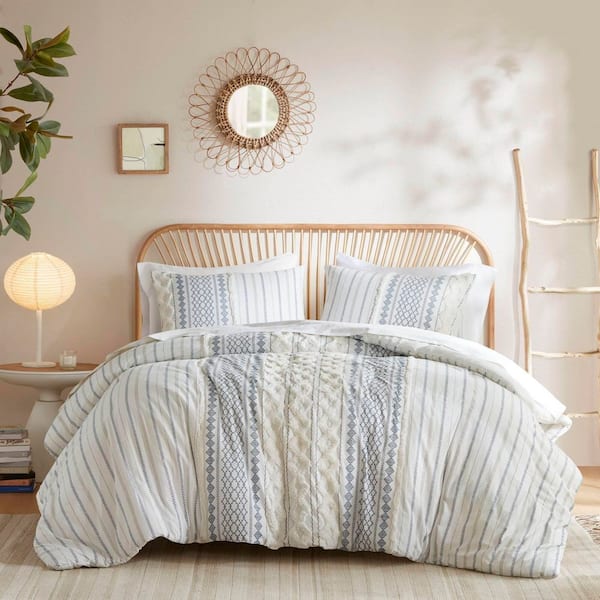 INK+IVY Imani 3-Piece White/Navy Cotton Full/Queen Duvet Cover Set