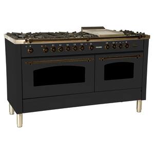 60 in. 6 cu. ft. Double Oven Dual Fuel Italian Range True Convection, 8 Burners, Griddle, Bronze Trim in Matte Graphite