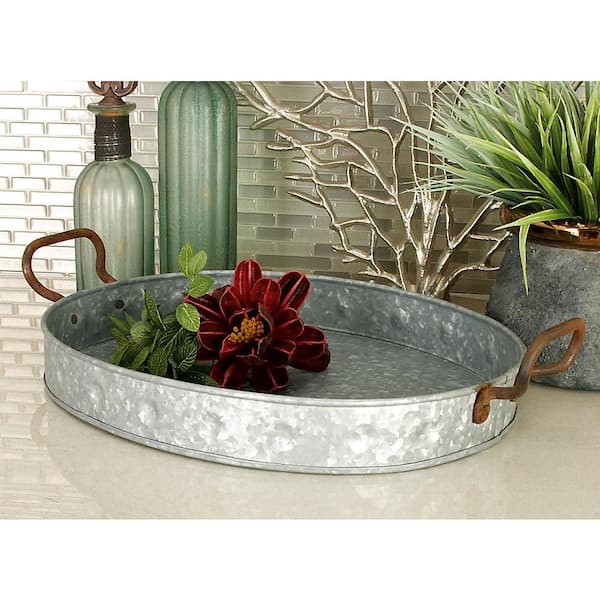 Gray Metal Galvanized Decorative Tray with Rust Handles (Set of 3)